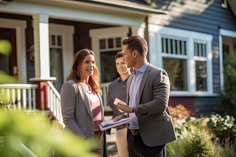A home inspector reviews a clipboard and points out roof details to a young couple in front of a suburban house.